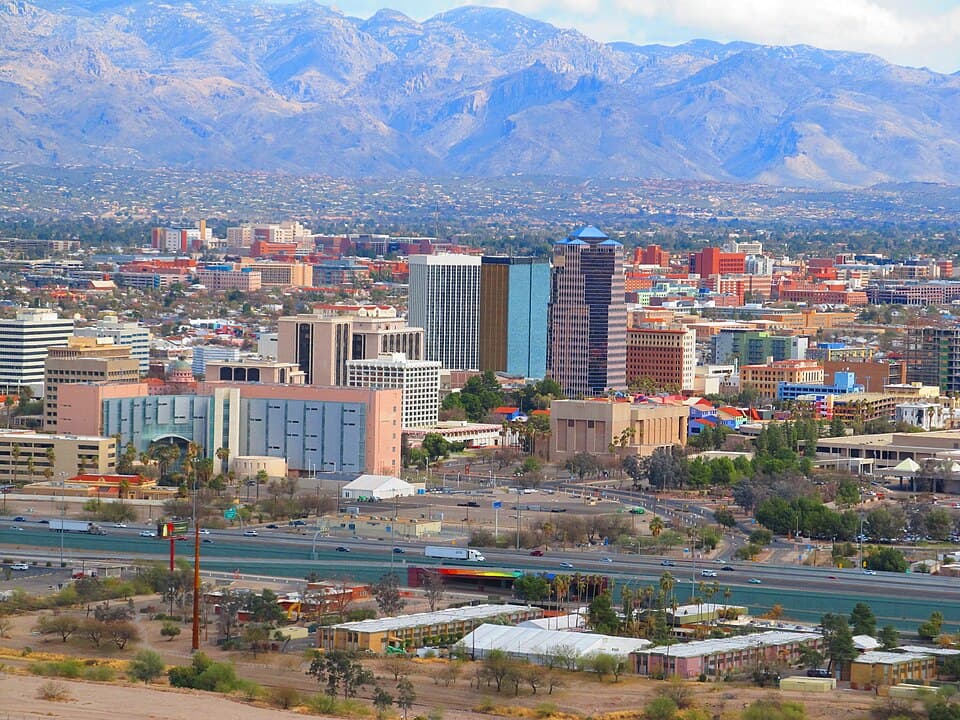 Aerial view of Tucson, Arizona skyline with the Santa Catalina Mountains in the background — a city where a data center permit was denied over water concerns