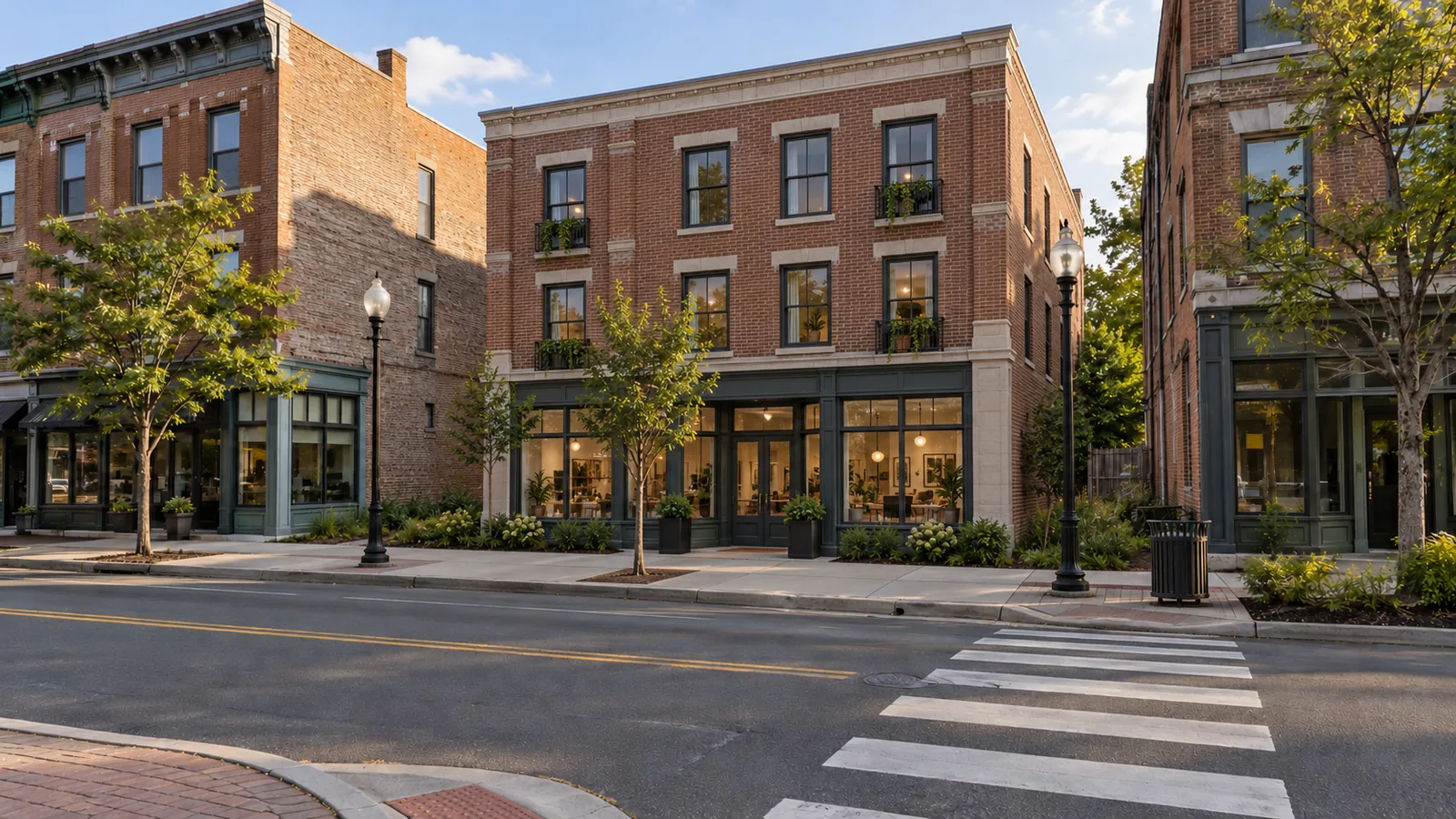 The same street frame with a three-story mixed-use building with shopfronts below
