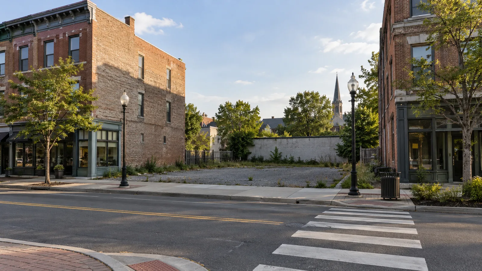 A vacant corner lot between brick storefronts and a crosswalk