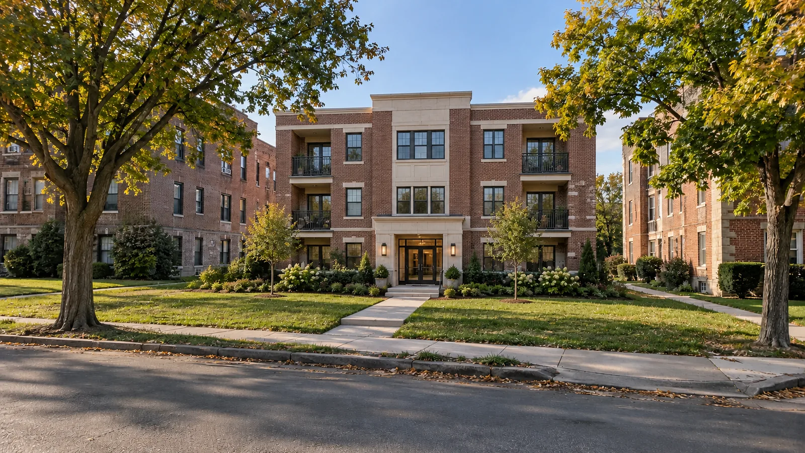 The same street frame with a four-story apartment building between its neighbors