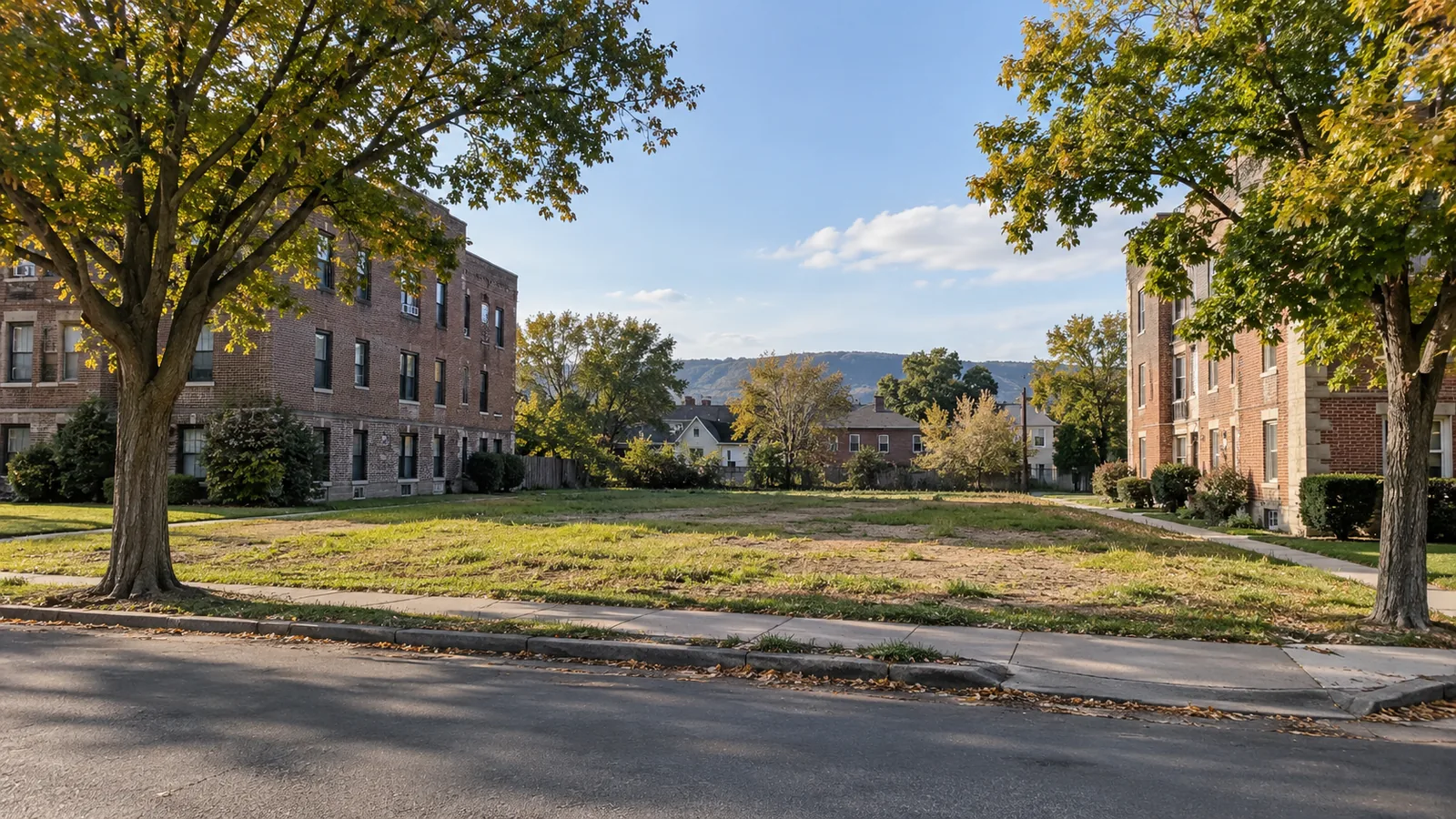 An empty lawn between brick apartment buildings on a tree-lined street