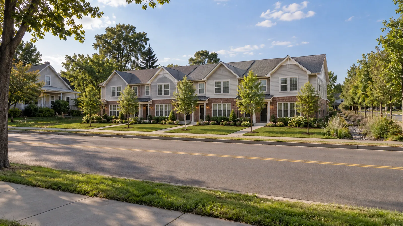 The same street frame with a row of townhomes facing the sidewalk