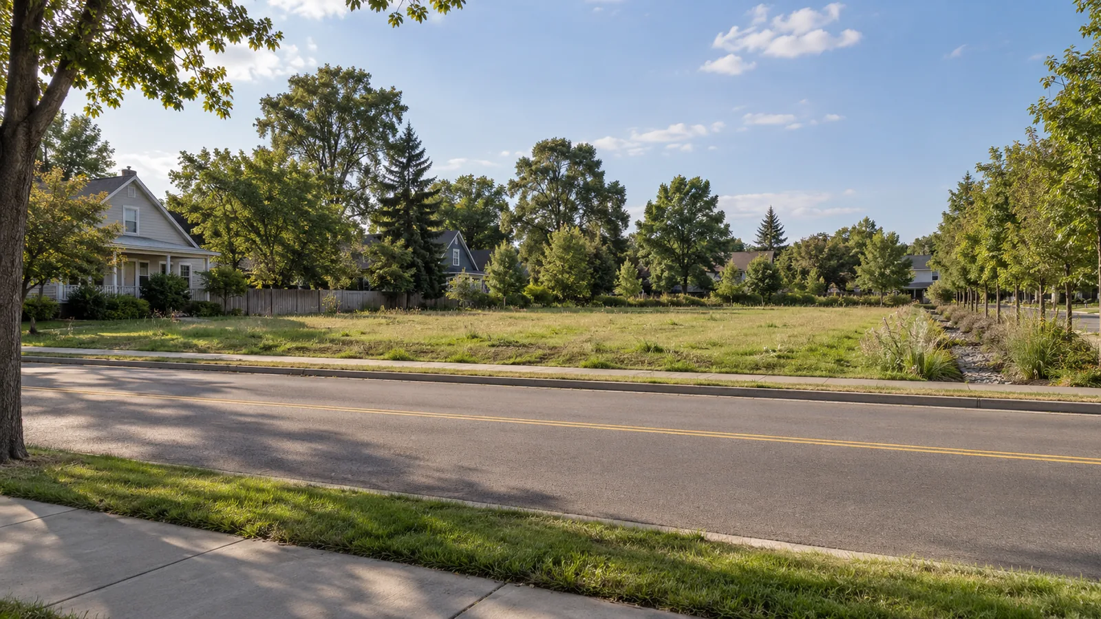 A grassy parcel across a residential street, before a townhome proposal