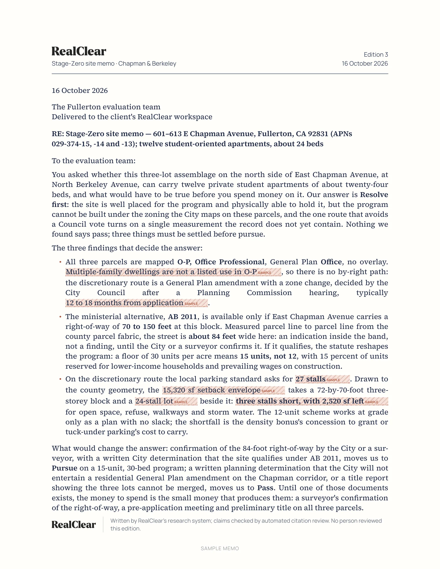 Page 2 of the sample memo for 601–613 E Chapman Ave, Fullerton: Transmittal letter