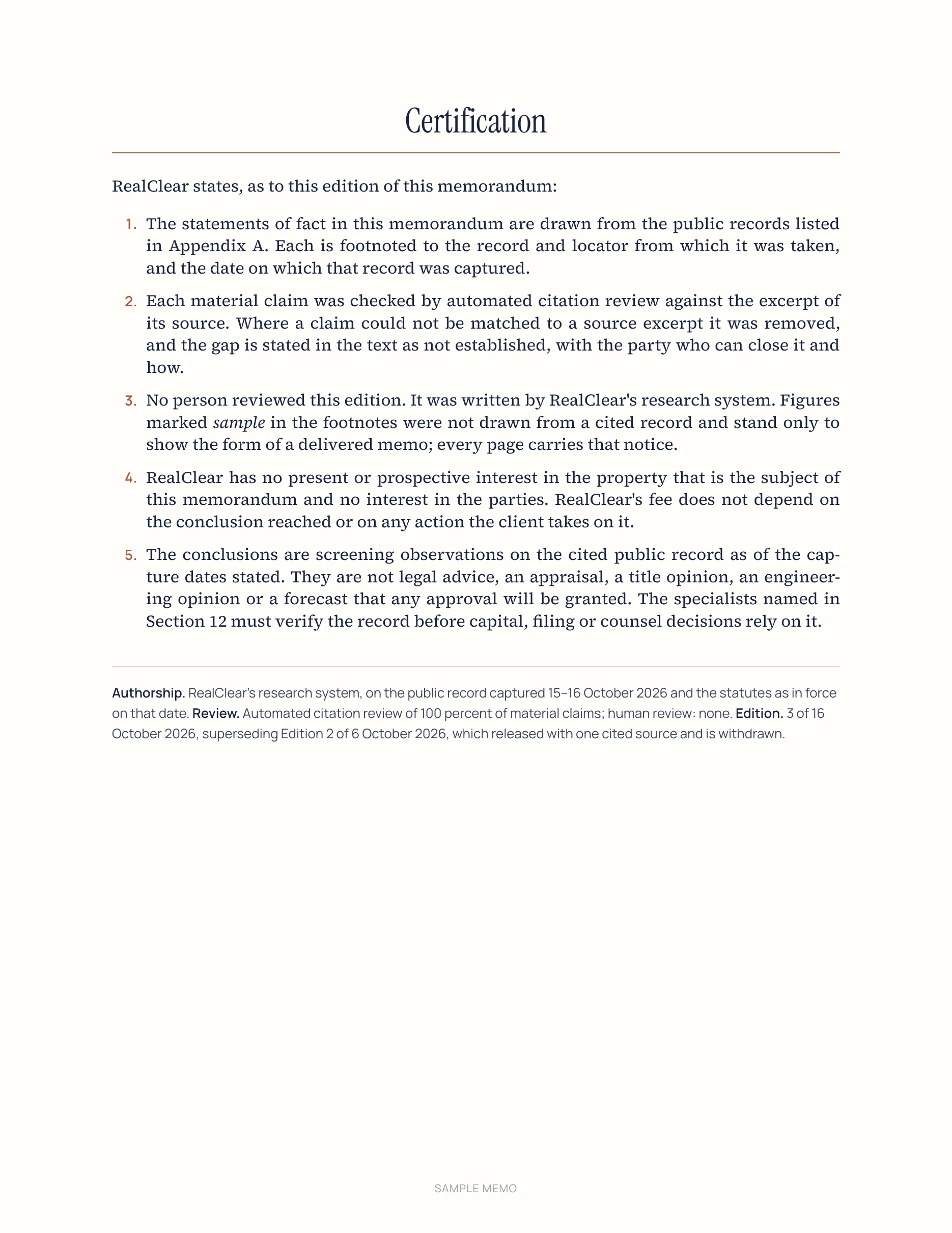 Page 3 of the sample memo for 601–613 E Chapman Ave, Fullerton: Certification