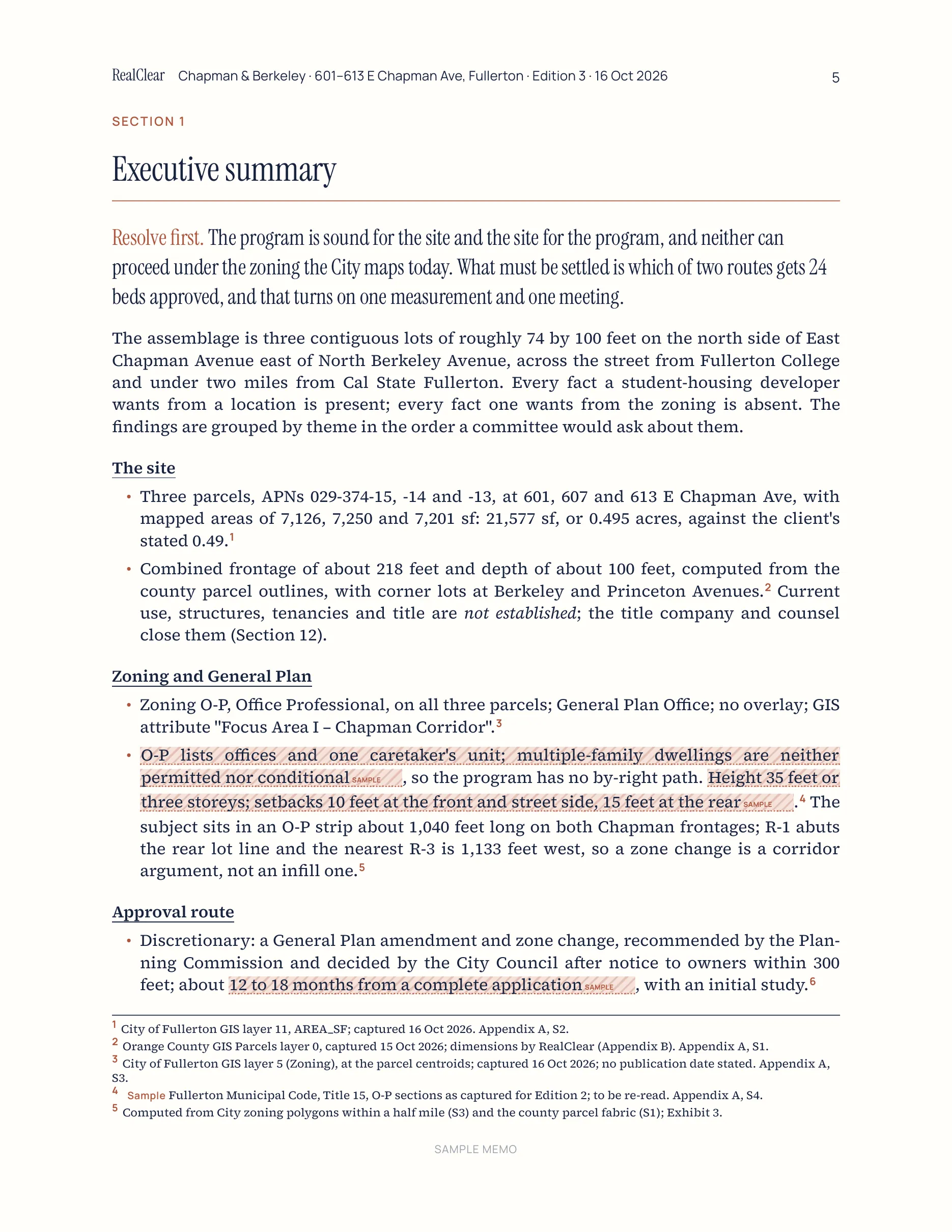 Page 5 of the sample memo for 601–613 E Chapman Ave, Fullerton: Section 1 · Executive summary