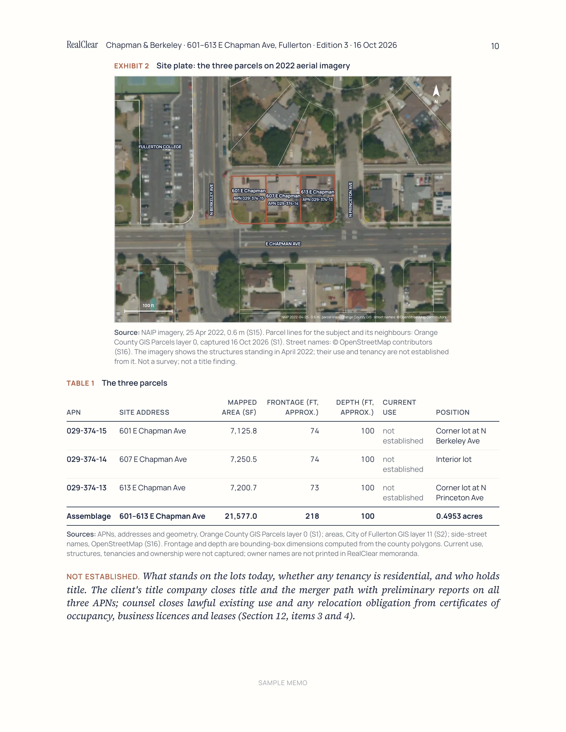 Page 10 of the sample memo for 601–613 E Chapman Ave, Fullerton: Section 3 · The site and its context