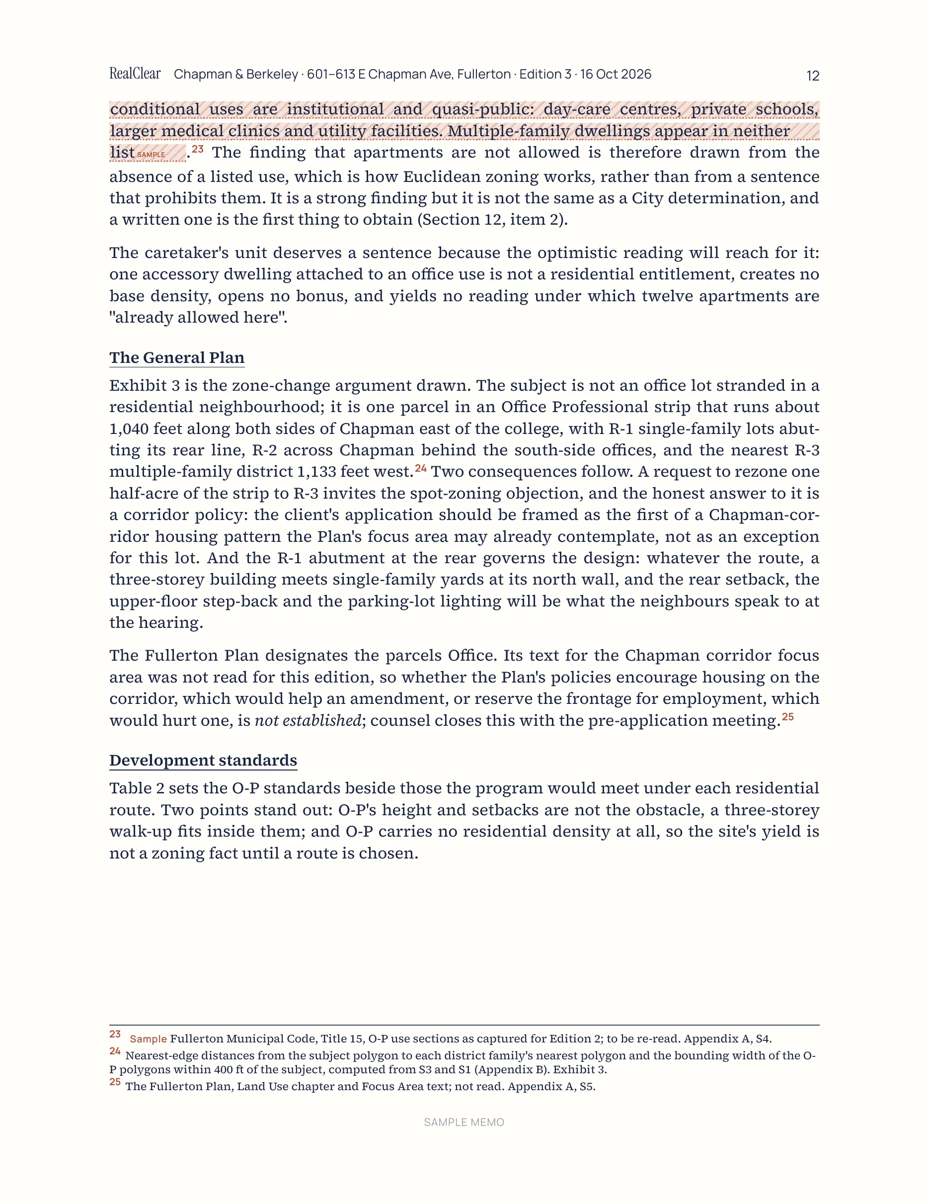 Page 12 of the sample memo for 601–613 E Chapman Ave, Fullerton: Section 4 · Zoning and the General Plan