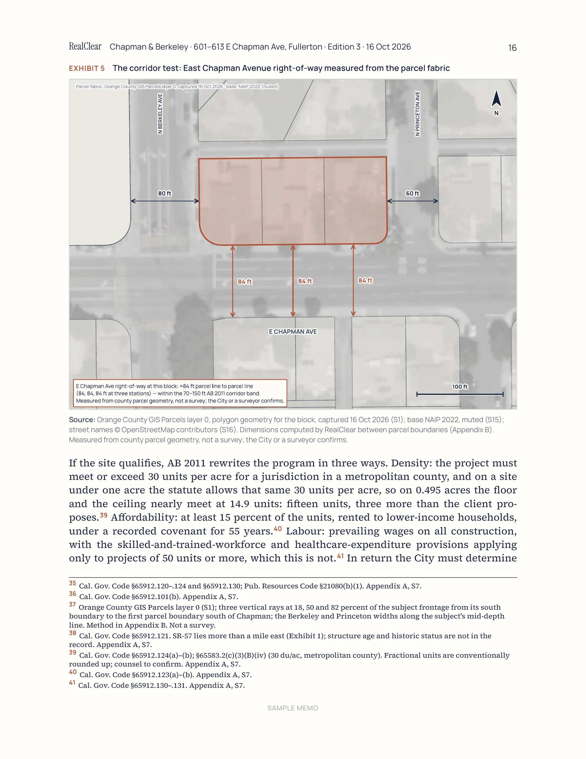 Page 16 of the sample memo for 601–613 E Chapman Ave, Fullerton: Section 5 · The corridor test, Exhibit 5